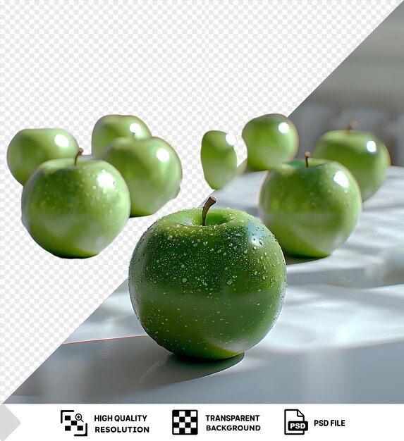 Granny smith apples including green and red varieties are arranged on a transparent background with brown stems visible in the foreground a white window can be seen in the background png