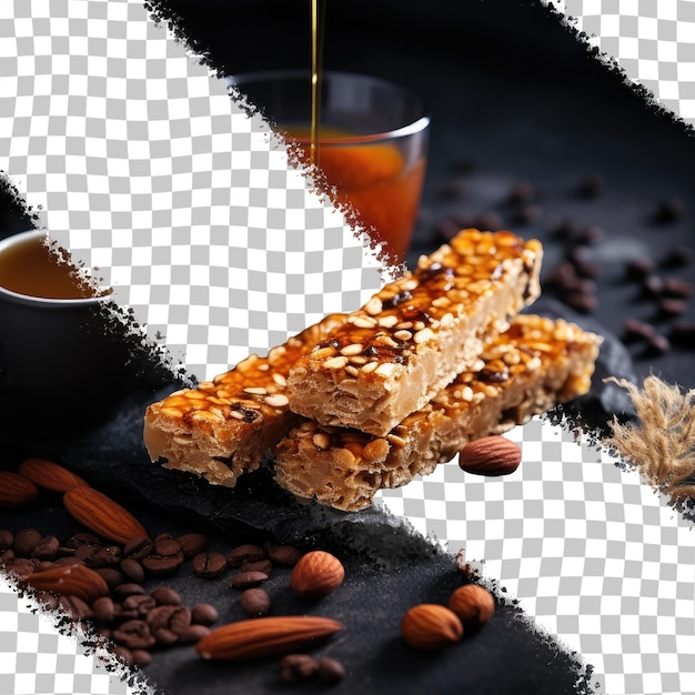 Bar di granola con favi di miele e tazza di caffè artigianale su carta artigianale su sfondo nero trasparente snack dolce sano muesli bar energetico breakfast granola copy space