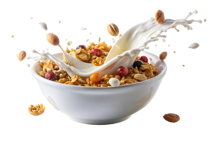 PSD granola with horizontal milk splash isolated on white background