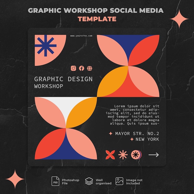 PSD modello di social media per workshop di progettazione grafica estetica scura