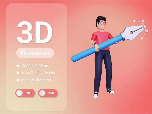 PSD graphic designer holding a pen tool 3d illustration