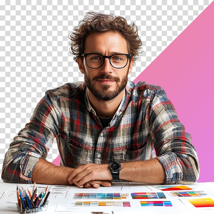 PSD graphic designer working on creative project with computer and color swatches in modern office