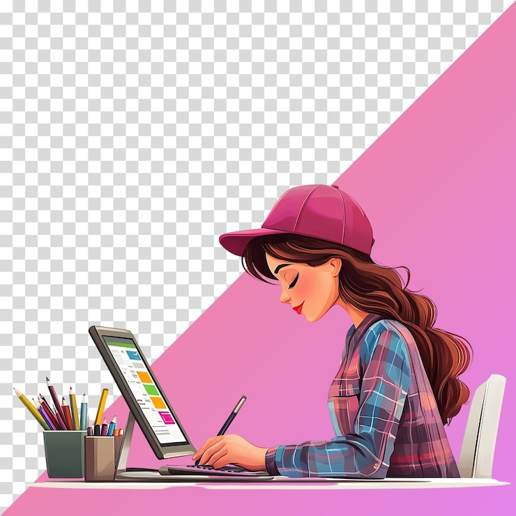 PSD graphic designer working on creative project with computer and color swatches in modern office