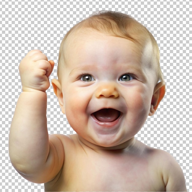PSD grappige baby houdt de vuist omhoog met gelukkige emotie