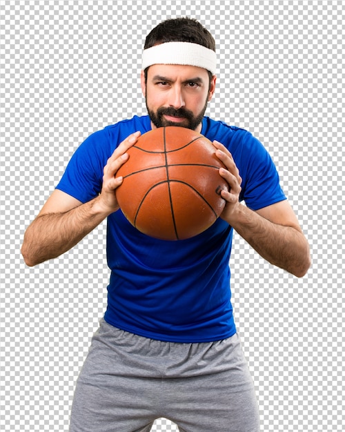 Grappige sportman met bal van basketbal