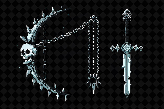 PSD grappling hook pixel weapon with skull design and chains and y2k shape neon color art collections