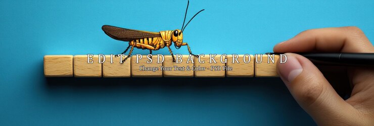PSD grasshopper walking on wooden blocks