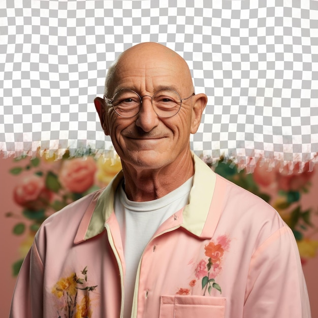 PSD 곤충학자 의 옷 을 입은 고마운 중동 의 노인 이 파스텔 장미 배경 에 미소 를 짓고 포즈 를 취 한다