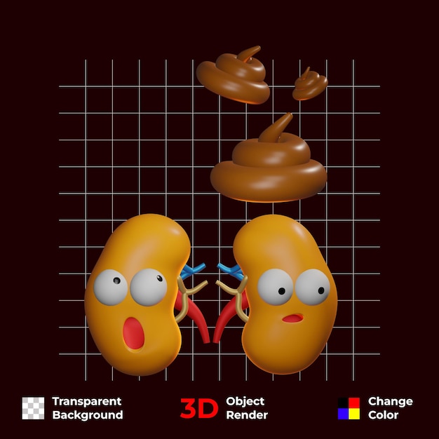 Gratis 3d grappig karakter van menselijke nieren interne organen transparante achtergrond en verandering psd kleur