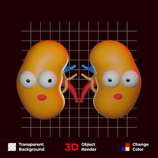 Gratis 3d grappig karakter van menselijke nieren interne organen transparante achtergrond en verandering psd kleur