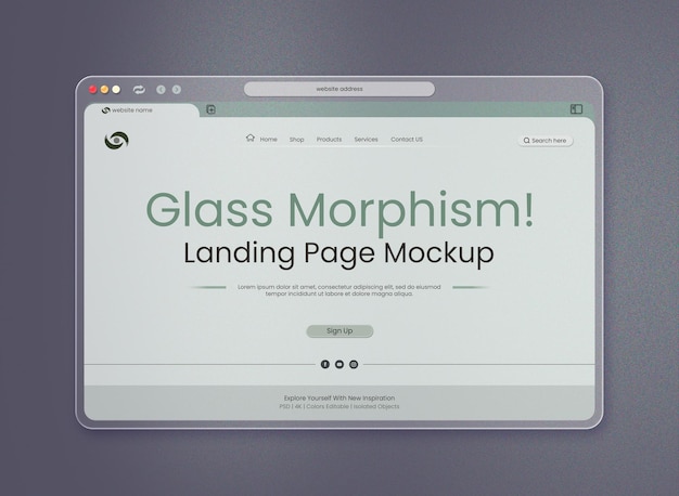 PSD gratis psd landing page mockup interface presentatie met glazen browser op grijze achtergrond