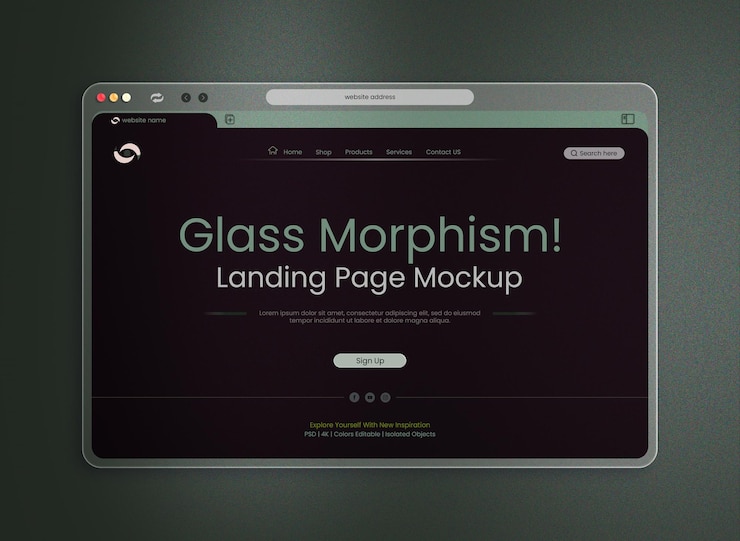 PSD gratis psd landing page mockup interface presentatie met moderne ui glas morphism browser venster