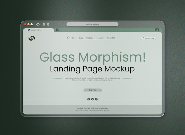 Gratis PSD landing page mockup licht interface presentatie op glas morphism browser in grijze achtergrond
