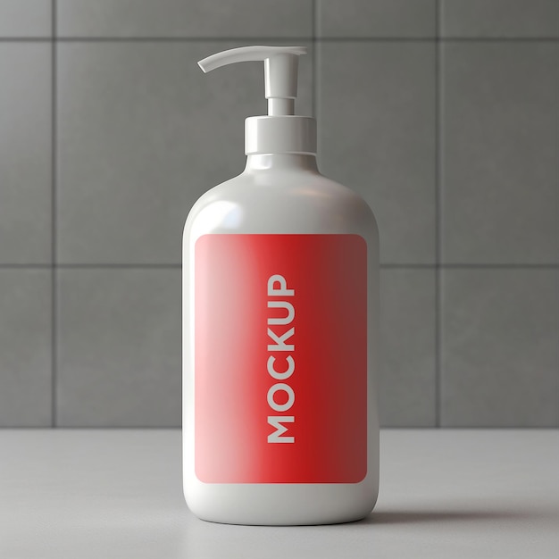 Gratis PSD shampoo fles met pomp op witte mock-up met badkamer tegels achtergrond