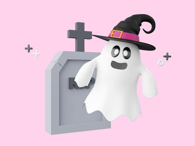 Tomba con un fantasma carino elementi tematici di halloween illustrazione 3d