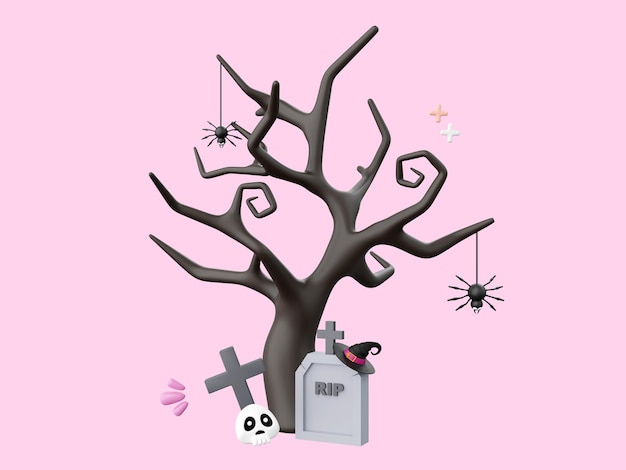 PSD tomba con albero morto elementi tematici di halloween illustrazione 3d