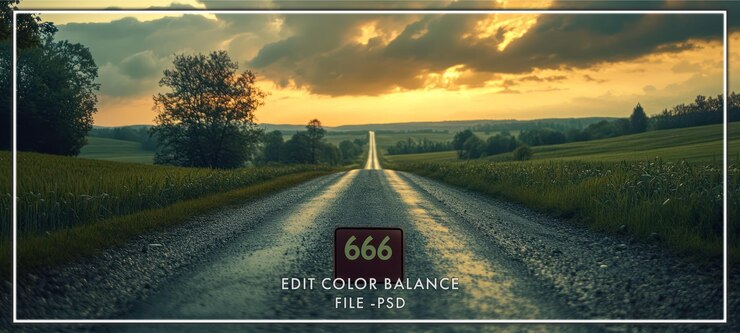 PSD a gravel road with the number 666 on a sign in the middle of a field with a sunset in the background