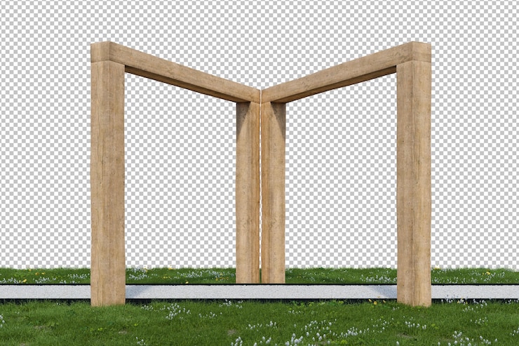 PSD gravel walking path and wooden frame entrance 3d rendering of nature garden with empty background