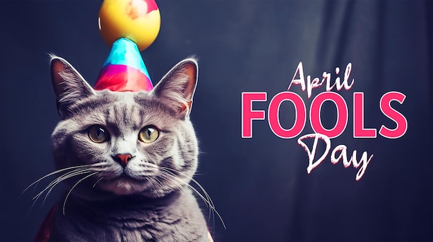 A gray cat with a jester cap serves as the clown April Fools prank