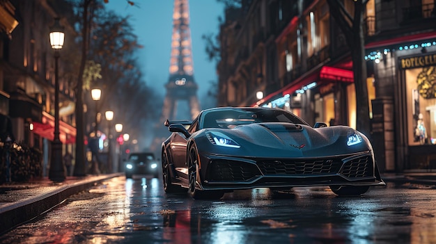 PSD Серый chevrolet corvette на улицах парижа суперкар настольные обои