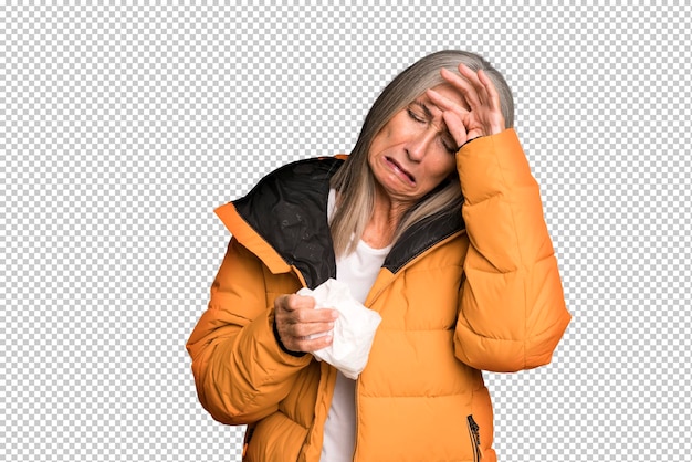 PSD gray hair senior pretty woman wearing an anorak winter and cold concept