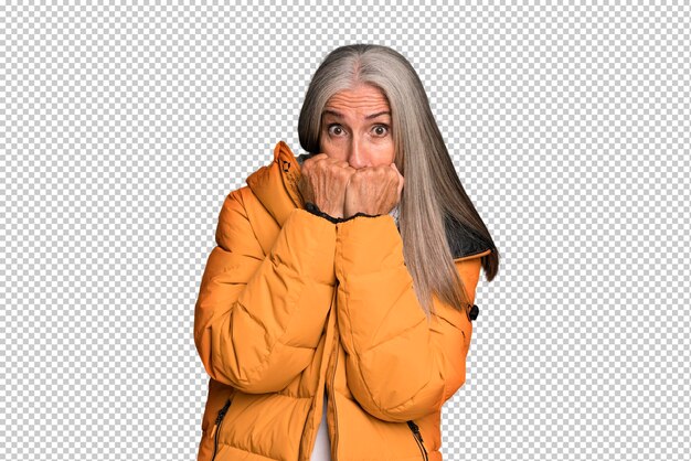 PSD gray hair senior pretty woman wearing an anorak winter and cold concept