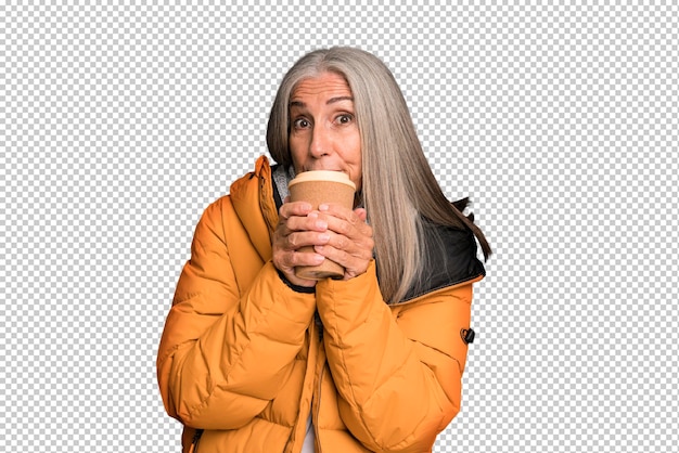 PSD gray hair senior pretty woman wearing an anorak with a take away hot coffee winter and cold concept