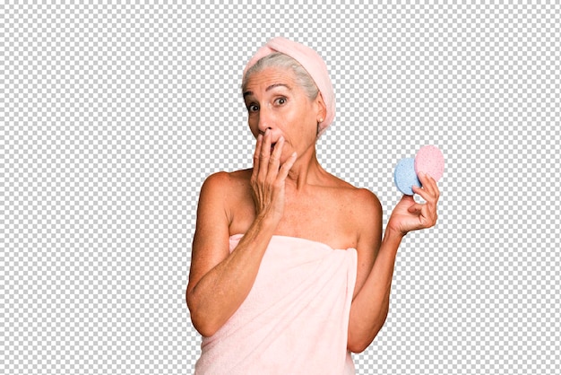 Gray hair senior pretty woman wearing bathrobe beauty and make up concept