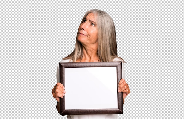 Gray hair senior pretty woman with a white copy space frame