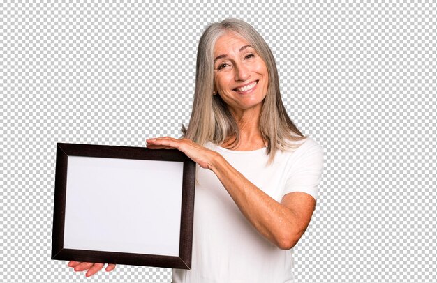 PSD gray hair senior pretty woman with a white copy space frame