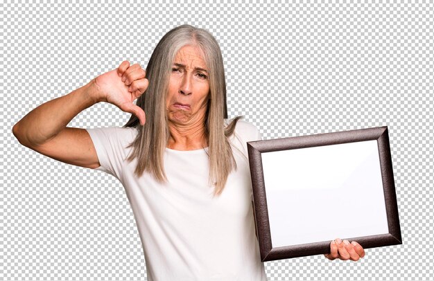 Gray hair senior pretty woman with a white copy space frame