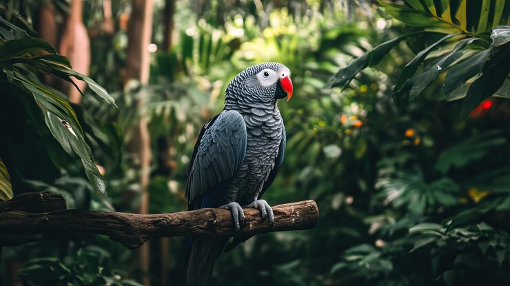 PSD gray parrot perched on branch