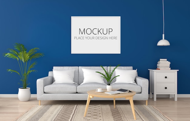 PSD gray sofa in classic blue living room for mockup