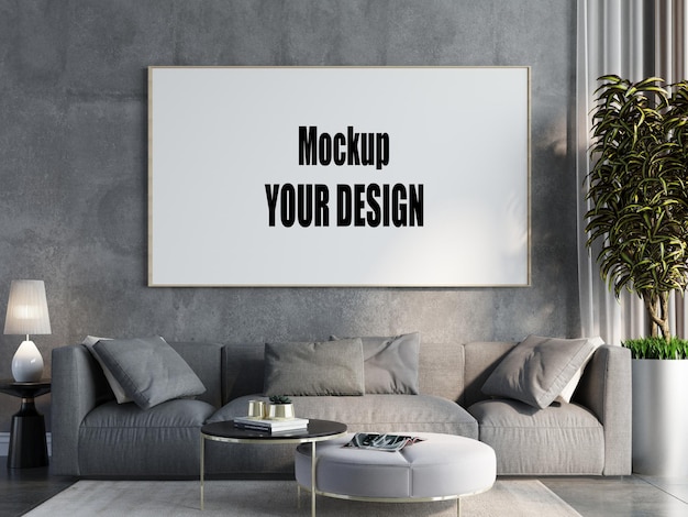 Серый диван в интерьере гостиной бетонная стена лофт с макетом фоторамки 3d визуализация