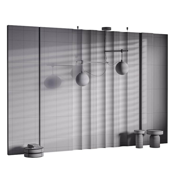 PSD a gray wall with a hanging light fixture and a table with two small round tables