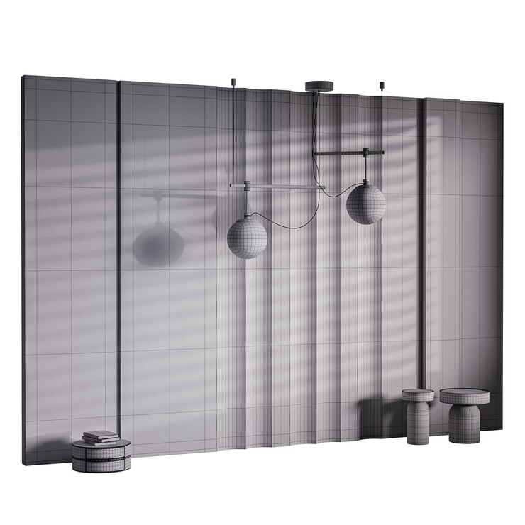 PSD a gray wall with a hanging light fixture and a table with two small round tables