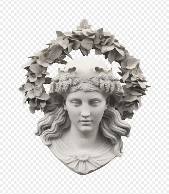 PSD greek bust of a goddess with a wreath on her head on a transparent background with a grainy texture