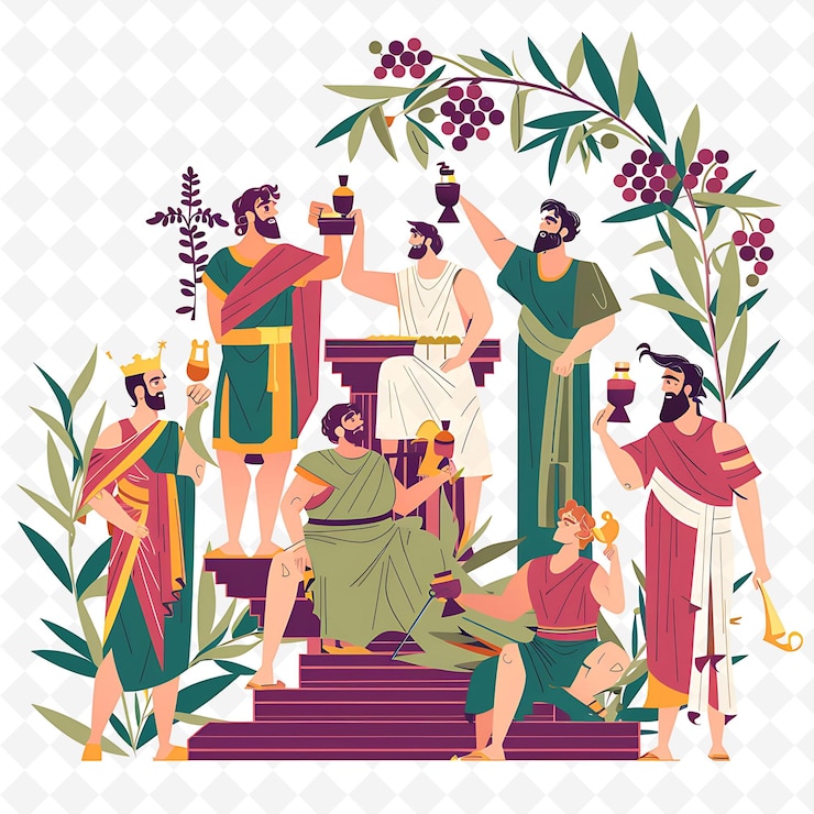 PSD greek characters participating in a toga party design is pla illustration cutural landscape view