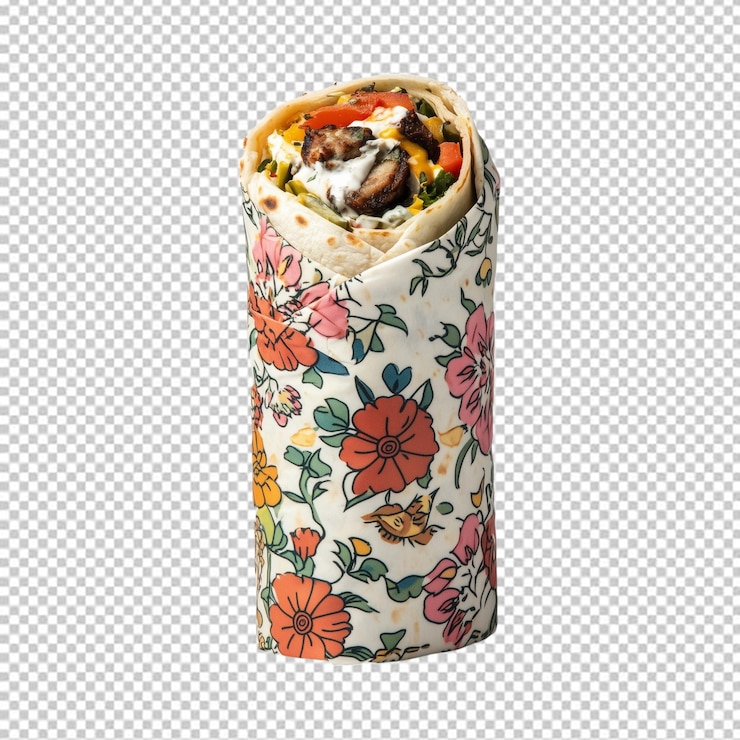 PSD a greek souvlaki wrap wrapped in floral patterned paper isolated on transparent background