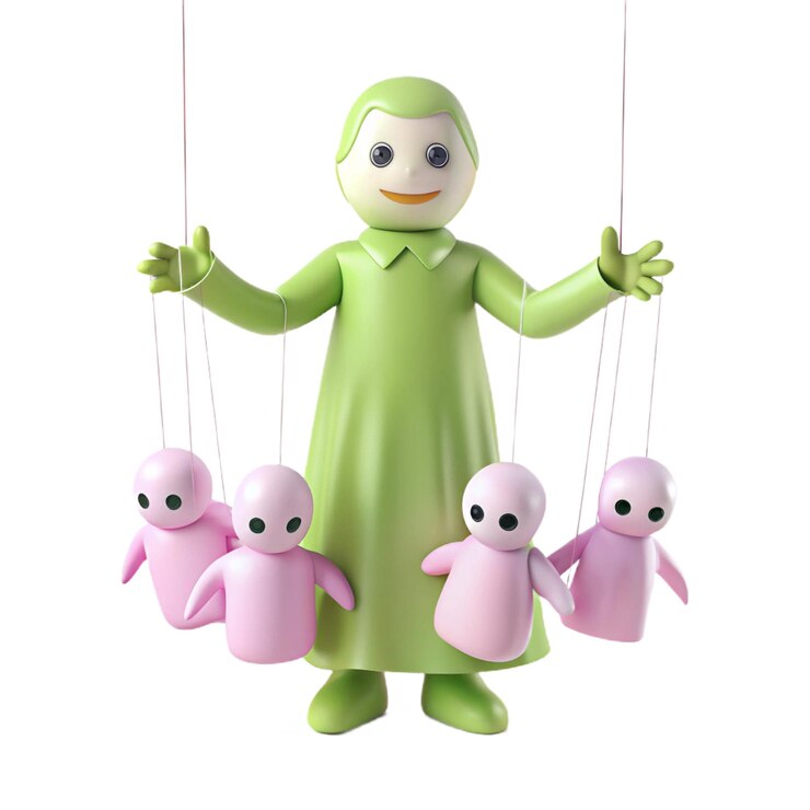 PSD a green alien doll with three little frogs on it