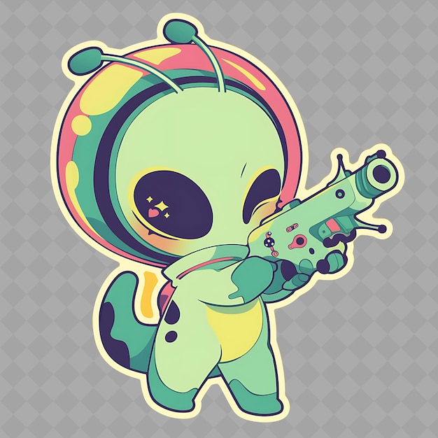 PSD a green alien with a gun pointing to a gun