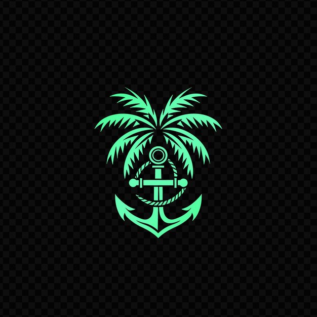 PSD green anchor and a green palm tree on a black background