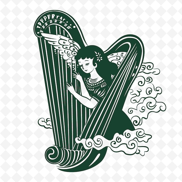 PSD a green angel with wings on the side of a harp