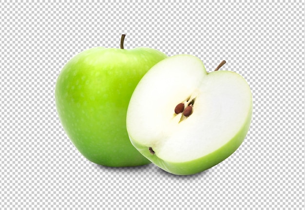 Зеленое яблоко и половина изолированные на белом фоне, обтравочный контур
