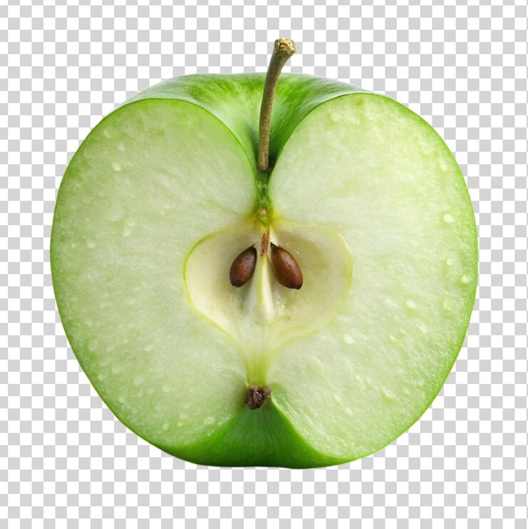 투명 한 배경 에 반 으로 분리 된 초록색 사과