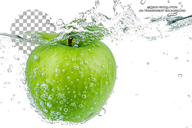 PSD green apple splash 3d rappresentazione realistica di una mela in spruzzo su uno sfondo trasparente