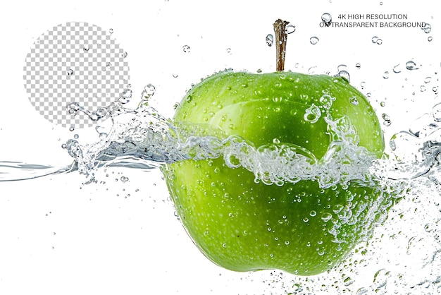 Mela verde in spruzzo succo di mela spruzzo sfondo trasparente