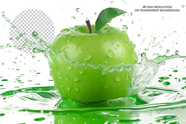 PSD green apple in splash apple juice splash transparent background