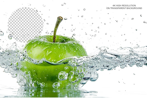 PSD green apple in splash apple juice splash transparent background