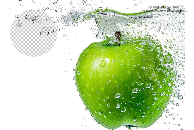 Green apple in splash apple juice splash transparent background